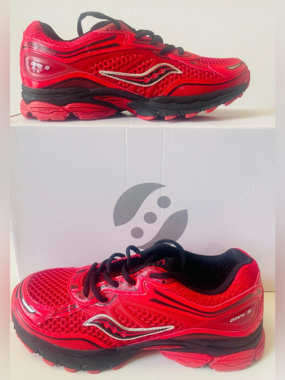 NIB SAUCONY OMNI 9 KDZ RETRO RED/BLACK TONE ON TONE METALLICS YOUTH SIZE 6.5M